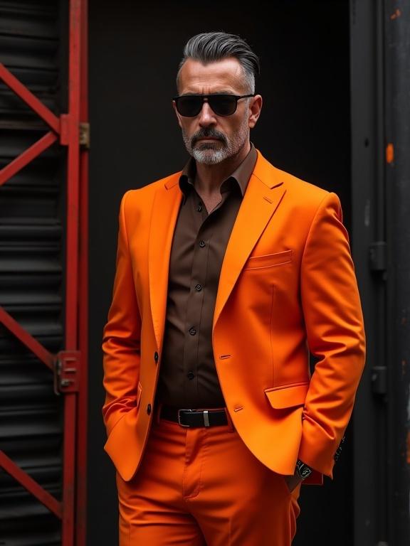 A stylish man in his 40s with a short gray beard and short fade hair. He stands confidently wearing a bright orange suit and dark brown shirt. He has sunglasses on and slicked-back hair with gray streaks. His hands are in his pockets. The background is dark with industrial elements. Lighting is dramatic with shadows highlighting his figure and suit. The atmosphere is urban and contemporary.