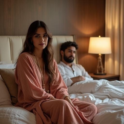 A Pakistani lady in shalwar qameez and dopatta sits on a bed in a luxury bedroom. Her husband relaxes beside her. The scene captures intimate emotions in soft lighting.
