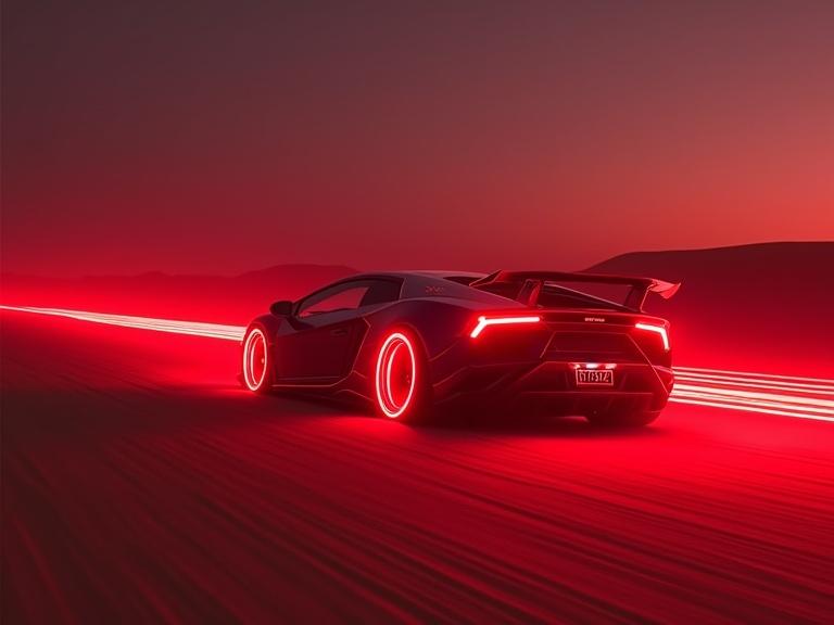 Futuristic Lamborghini in a desert at night. Vibrant red light illuminates the scene. Laser light rims create a glowing effect. Car moves at high speed, leaving a long laser light trail behind.
