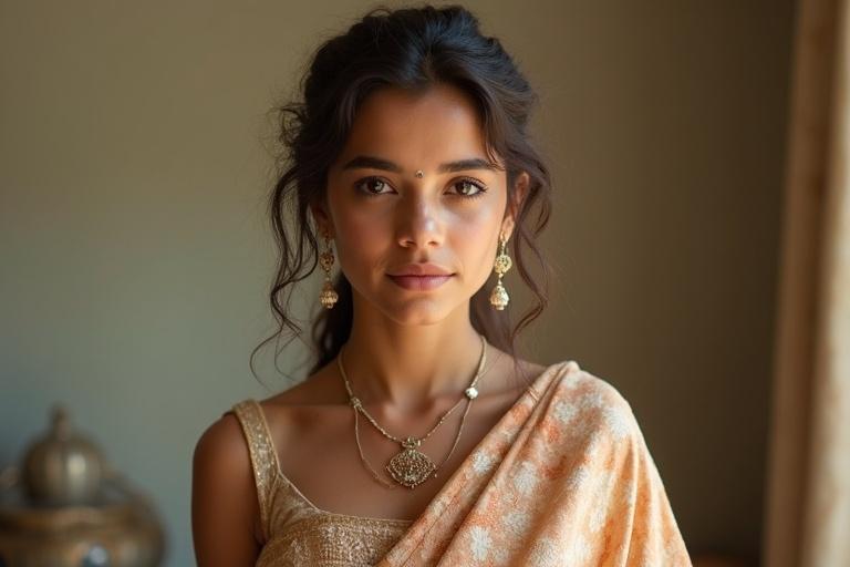 A girl in a traditional cotton saree with jewelry. The saree is soft in color and drapes elegantly. The girl has a serene expression and her hair is styled beautifully. The background is simple, enhancing the focus on her appearance.