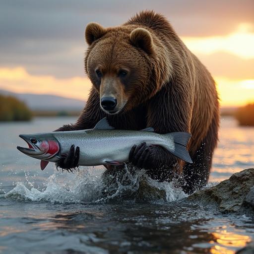 Powerful grizzly bear holds salmon in jaws. Bear rises on wet rock in cold river. Vast tundra surrounds. Cloudy sky with golden sunset rays. Water droplets and soft reflections on river. Intense gaze and soaked fur detailed. Documentary-style imagery with natural light.