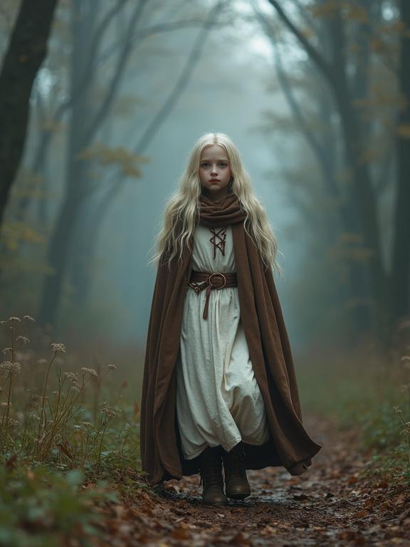 Photorealistic image of a young girl in a misty forest environment. She has long pale blonde hair and vibrant red eyes. Dressed in a white and brown traveling dress with a heavy cloak, she has vampire fangs. The scene conveys a high fantasy aesthetic, with a depth of field focus on the girl walking down a woodland path.