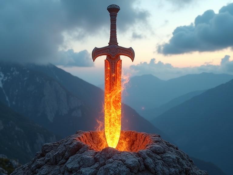 Flaming sword made of glass. Sword stands upright in rocky mountainous terrain. Handle on top engulfed in flames. Ground glows beneath the sword. Mountains visible in the background. Blue and gray clouds in the sky. Sunlight peeks through clouds.