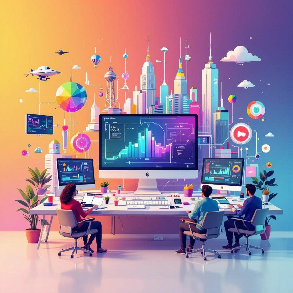 Colourful tech scene with people working on computers and vibrant data visuals. The environment includes modern skyscrapers and various technological elements.