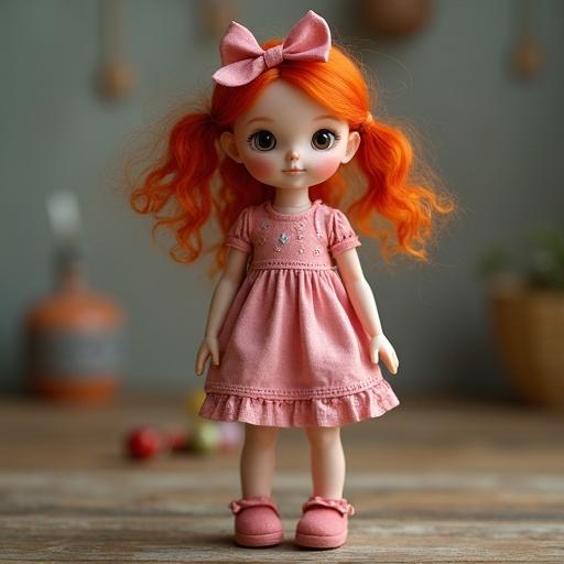 A ball jointed girl doll stands with curly orange hair and a pink dress. The doll has a cheerful appearance and is posed against a blurred background of warm colors and soft lighting.