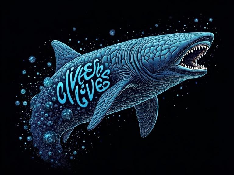 Vector illustration of a whale shark head with an open mouth inhaling a swarm of bioluminescent plankton. The swarm partially forms the words ocean and lives in obscured handwriting. The image blends into a black background and is designed for t-shirt printing. Bright and vivid colors with a jagged appearance are used.
