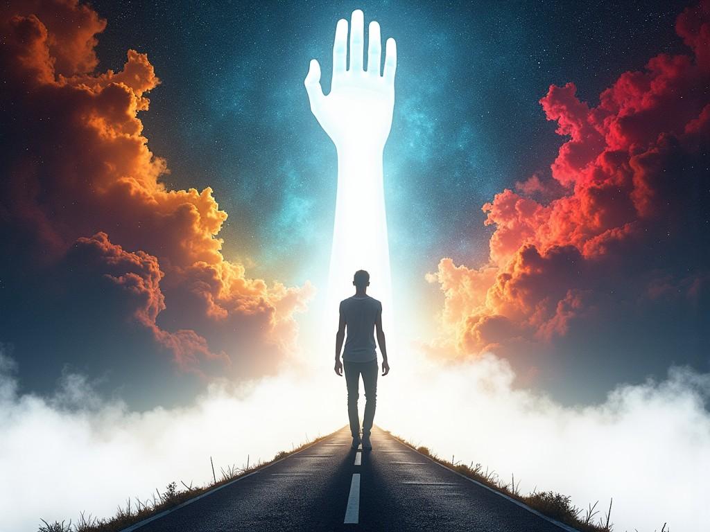 The image depicts a person standing on a dark road leading towards a bright, illuminated hand emerging from the clouds above. The landscape is surreal with a blend of vibrant orange and deep blue colors. The road stretches into the distance, guiding the viewer's eyes towards the light. The clouds are dramatic, enhancing the mystical atmosphere. It evokes feelings of hope, guidance, and a journey towards enlightenment. This artwork combines elements of fantasy and symbolism.