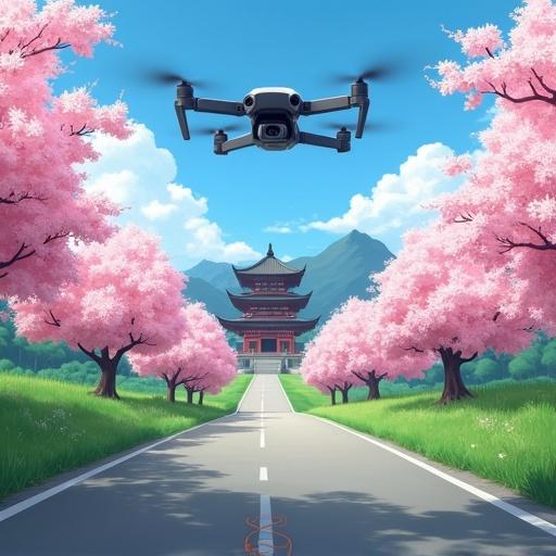 Scene shows Japanese temple surrounded by cherry blossoms in serene landscape. Lush grassy areas beside road. Bright blue sky with puffy clouds. Drone hovers in field with AI interface shown on control screen.