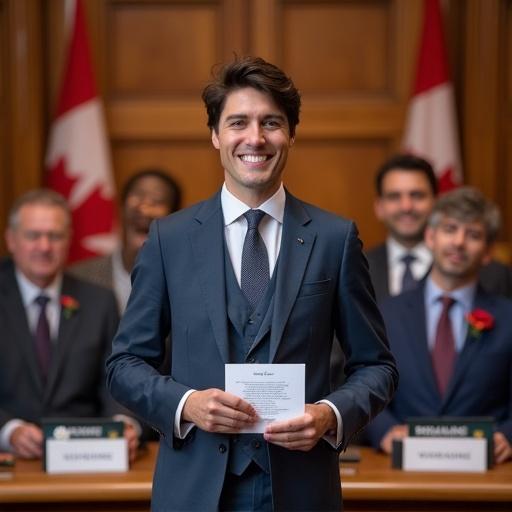 Canadian Prime Minister stands in cabinet room with ministers. He holds a document representing military aid for Ukraine. The room is decorated with Canadian symbols and maps. The atmosphere is positive and celebratory.