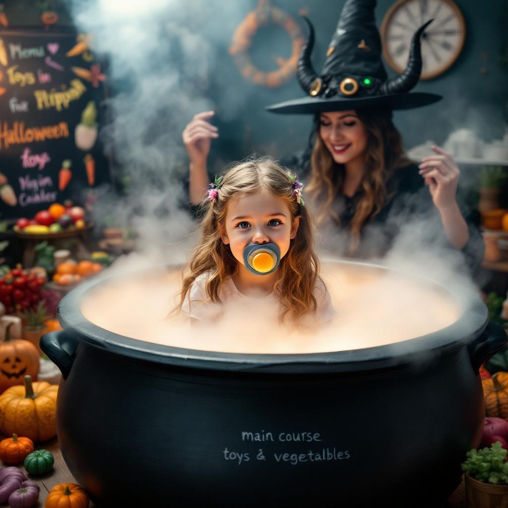 A young girl sits gleefully in a large steaming cauldron. The setting is festive with playful Halloween elements. Her mother is dressed as a demon, joking about cooking. The girl has a large pacifier, adding humor. The background shows toys, vegetables in a fairy-tale style. A menu humorously names her as the main course.