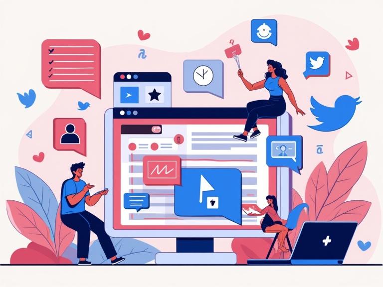 Vibrant illustration shows engaging content on X. Visual elements include tweets polls GIFs images videos and calls-to-action. Include icons for planning scheduling and analytics. Bold colors and modern tech aesthetics create a clean layout for strategy and creativity.