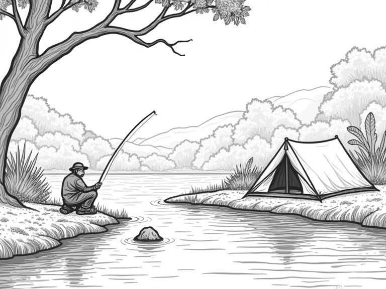 Illustration of a camping scene. Includes a tent and a man fishing on the riverbank. Set in the Australian bush. High contrast black and white. Defined lines. Suitable for laser engraving.