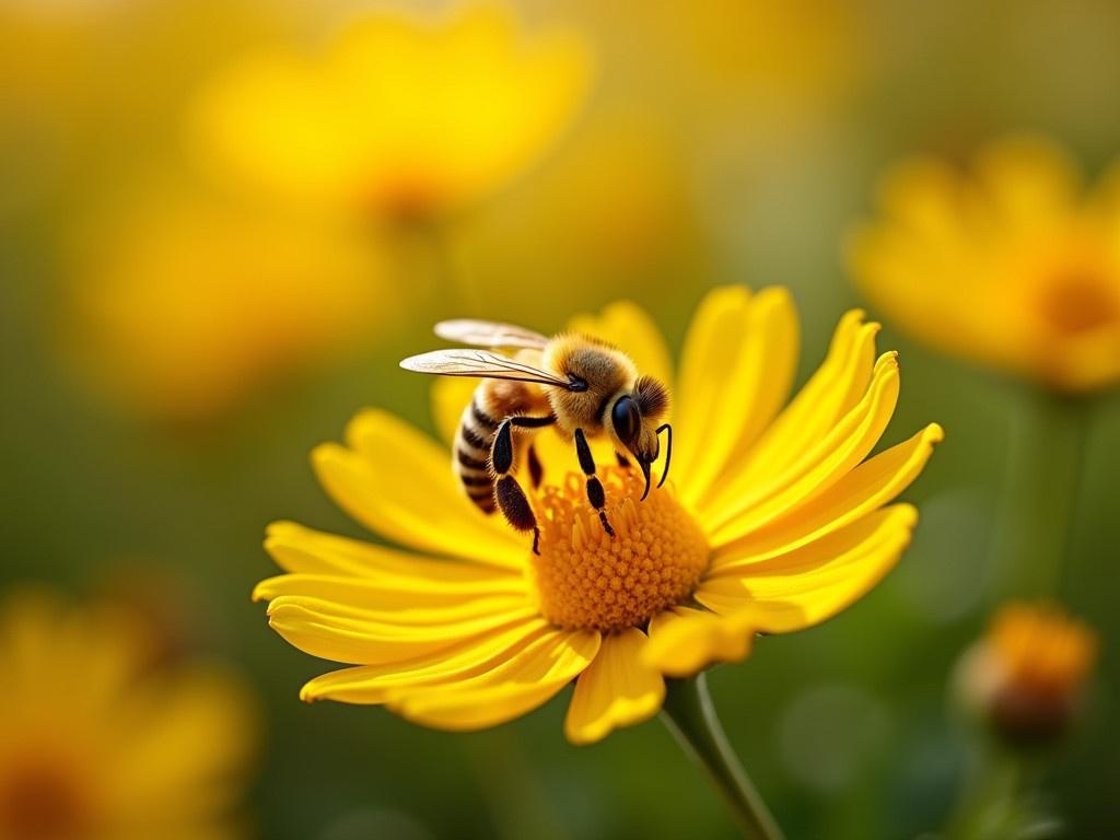 A honey bee perched on a beautiful yellow flower, surrounded by the vibrant colors of spring and summer. The flower blooms in the wild nature landscape, showcasing the beauty of nature. The bee is busily collecting pollen, highlighting the essential role it plays in the ecosystem. This scene captures the essence of a tranquil morning, with soft sunlight illuminating the delicate petals and the bee's fuzzy body. It serves as a picturesque banner celebrating the wonders of wildlife and the intricate connections in nature.