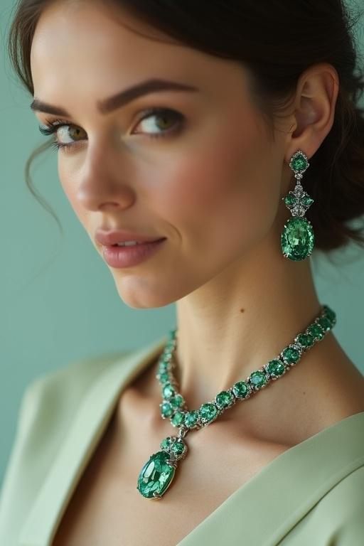 Close-up of a model wearing green beryl gemstone jewelry. Highlight of a radiant green beryl pendant. Soft lighting and neutral background. Minimal classy makeup. Focus on the jewelry and its details.
