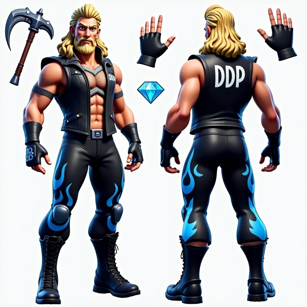 This image showcases a highly detailed Fortnite skin design inspired by Diamond Dallas Page. The character boasts curly blond hair and intense blue eyes, exuding a confident personality. He wears a sleeveless leather vest with 'DDP' emblazoned on it, complemented by fingerless gloves for a modern touch. His black wrestling pants feature striking blue flame patterns, while rugged combat boots complete the look. Accessories include a diamond-shaped pickaxe and a holographic back bling representing his iconic hand gesture, making it a unique blend of gaming and wrestling culture.