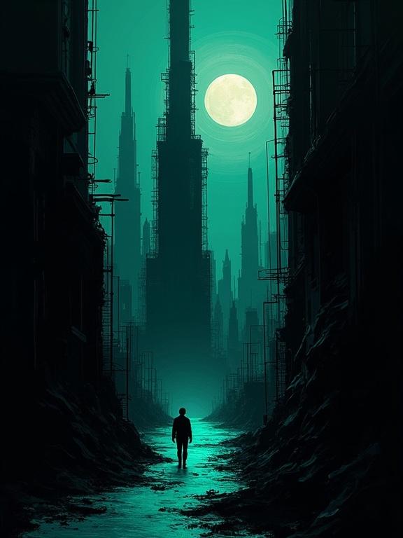 Digital oil painting features a surreal landscape. Harsh paint strokes create modern architecture. Black background dominates the scene. Flat colors enhance the minimalist style. Unique silhouette is prominent. Turquoise color theme is vibrant, suggesting a mature and eerie atmosphere.