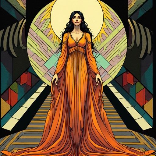 Art Deco goddess in orange flowing robes among geometric patterns and optical illusions with stained glass colors.