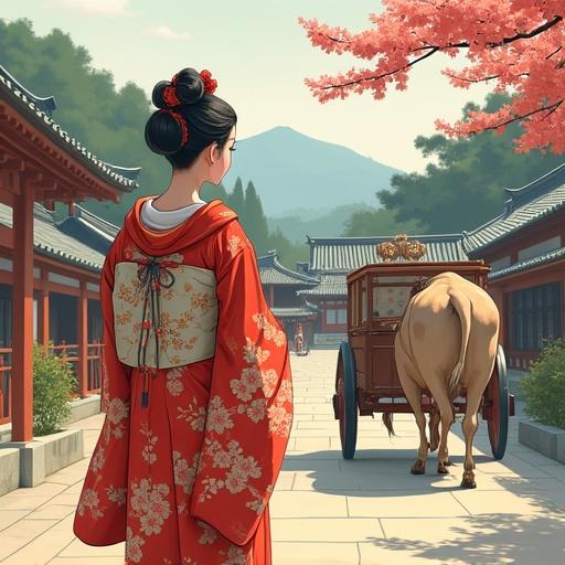 High-quality digital illustration combining traditional Japanese painting and modern anime styles. Set in Kyoto gardens, an aristocratic woman wears a Junihitoe kimono beside an ox cart. Smooth brushstrokes, delicate patterns, and soft lighting define this scene.