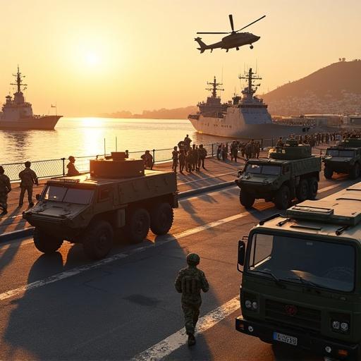 High-resolution image shows modern coastal military base during golden hour. Multinational forces conduct joint training exercise. Armored personnel carriers and logistics trucks near dock. Naval ships in background. Helicopter is in flight. Troops in NATO uniforms disembark and unload gear. Some check maps and secure perimeter. Details of camo, insignia, and communication gear visible. Sun casts long shadows. Vehicle surfaces reflect light. Photorealistic lighting and motion blur from rotors enhance realism. Atmospheric haze is present.