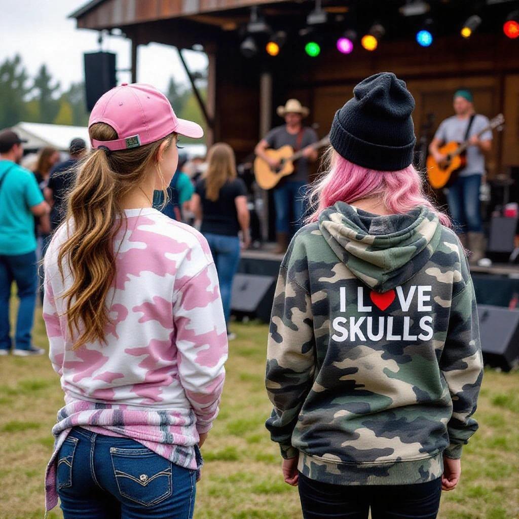 Girls at a farm-themed festival watching a live country band performance. One girl has long dark blonde hair wearing a pink cap and camouflage outfit. The other girl has pink hair wearing a black beanie and a shirt with skulls. Both girls are fashionable and enjoying the music.