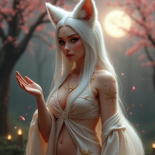 A divine fox goddess with human and fox features. She has soft fox-like eyes and golden markings. Her expression is serene. Skin has lifelike texture with white fur. She has large fluffy ears and long white hair. One hand is extended forward, the other rests near her chest. She wears a detailed ceremonial kimono, slightly open at the chest. The background is a quiet twilight forest shrine. Dim moonlight and glowing spirit flames surround her. Cherry blossom petals are drifting in the air.
