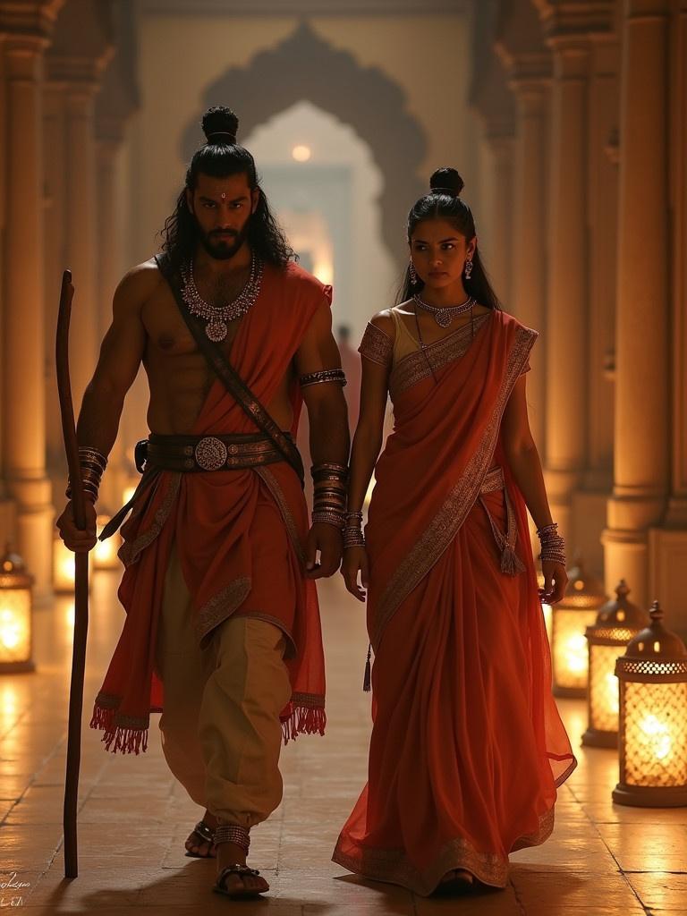 A muscular royal man in traditional Indian attire walks with his queen in a palace. The scene is dimly lit with golden glows from lanterns. The man holds a wooden staff looking determined. The queen has a serious expression charging forward.