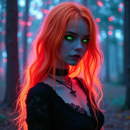 Vampire girl with neon green eyes and neon orange hair in a magical forest. Bright colorful background with ambient lighting. Constellations and incandescent effects visible.