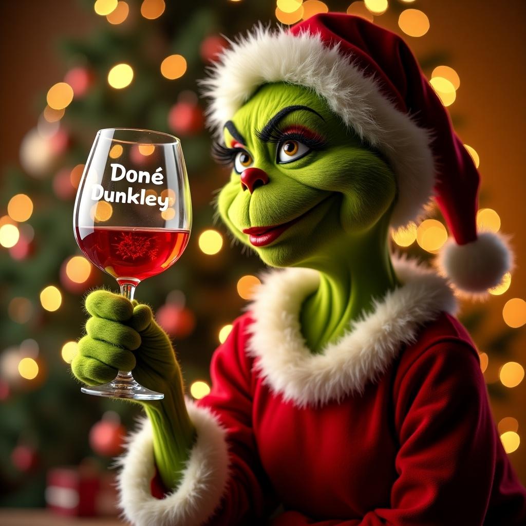 Christmas scene with female Grinch who holds a wine glass. Grinch wears a red outfit with a white trim. The name Doné Dunkley is elegantly displayed on the glass. Twinkling lights add a magical touch to the background.