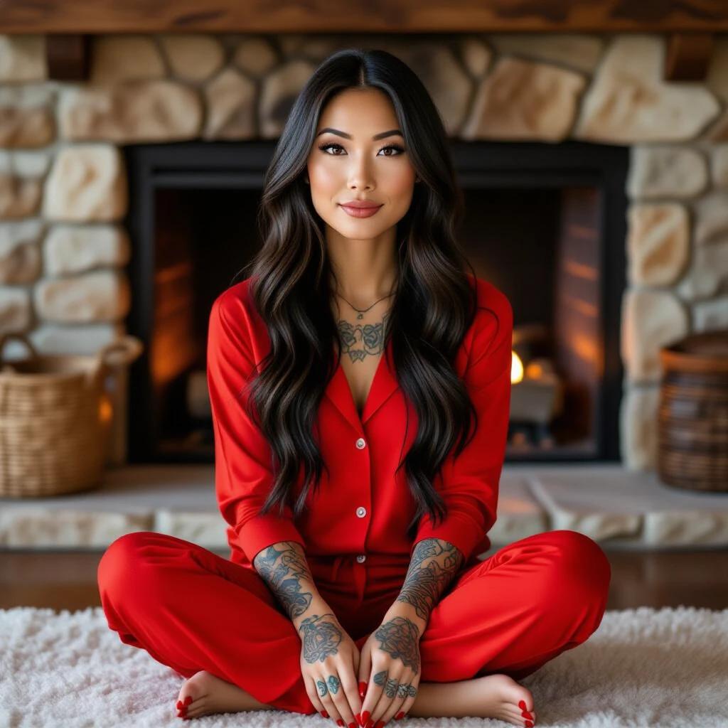 Asian woman with long black hair poses in red pajamas barefoot next to a warm fireplace. She has tattoos and red nails, sitting on a soft rug. Cozy indoor setting.