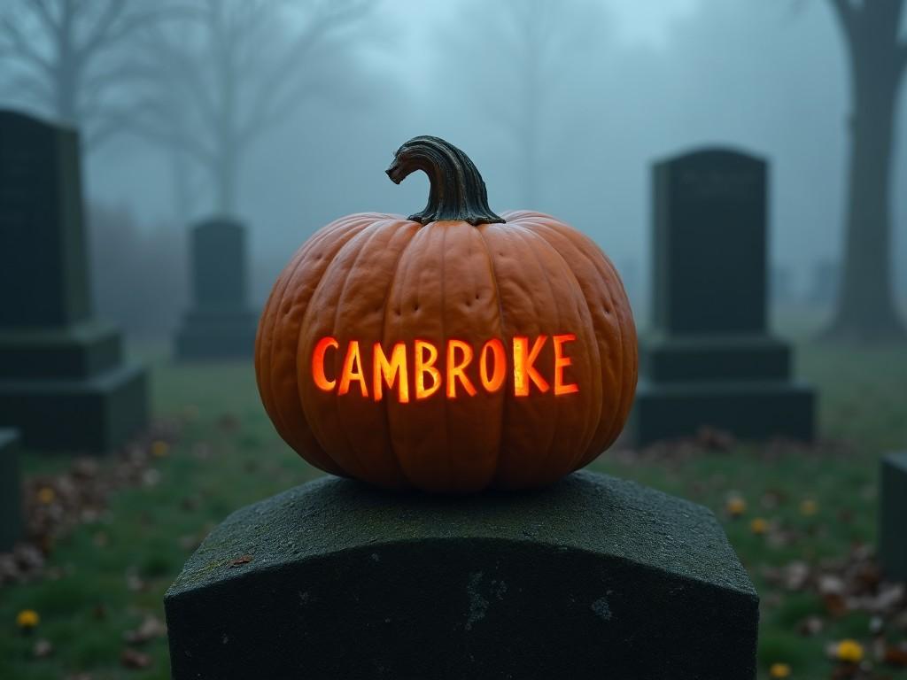 A carved pumpkin sits ominously on a stone in a graveyard. It has the letters 'CAMBROOKE' carved into it. The background is shrouded in fog, adding to the eerie ambiance. Dark tombstones are visible, enhancing the supernatural feeling. The entire scene evokes the spirit of Halloween and gives off a haunting vibe.