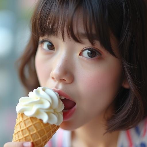 Close-up shot of a Japanese idol enjoying an ice cream cone. Focus on facial features and the ice cream.