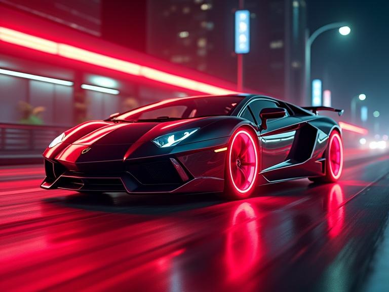 Vibrant Tron Ares Street features a futuristic Lamborghini. Car has laser light wheel rims. Red lights illuminate the scene creating a dynamic atmosphere.