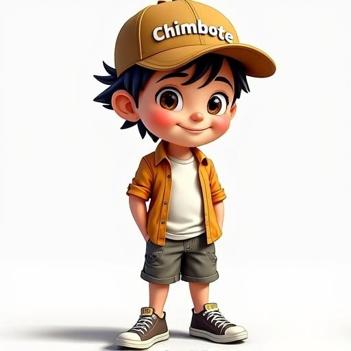 Design a youthful anthropomorphic pelican character. Character wears sneakers shorts and a guayabera shirt. Character sports a cap that says Chimbote.