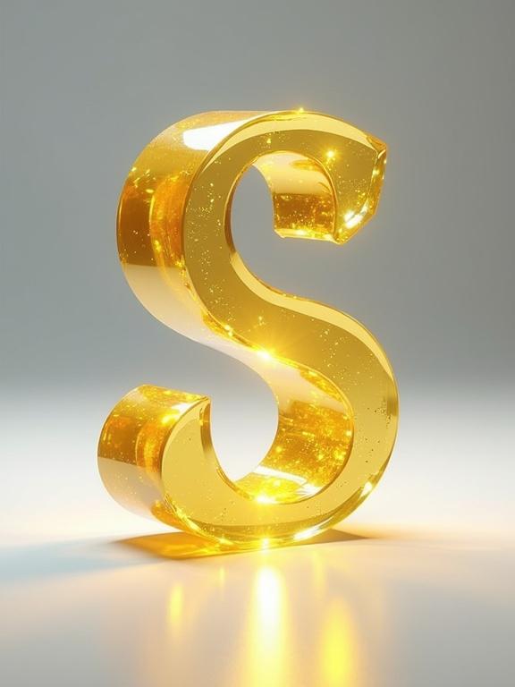 Hyper-realistic rendering of the letter S in brush script style made of transparent yellow crystal. Letter floats above the surface with smooth, glossy texture that captures light and sparkles. Soft gray gradient backdrop enhances depth. Dreamy, minimal aesthetic with high-gloss realism.