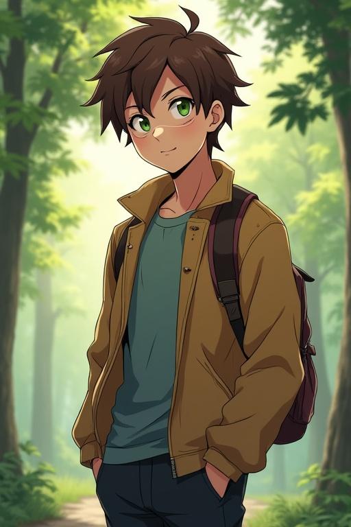 A nerd fit boy with brown hair and green eyes stands casually in a garden. The scene is styled like anime. He wears a yellow jacket and has a backpack. Background is lush and green with trees and soft lighting.