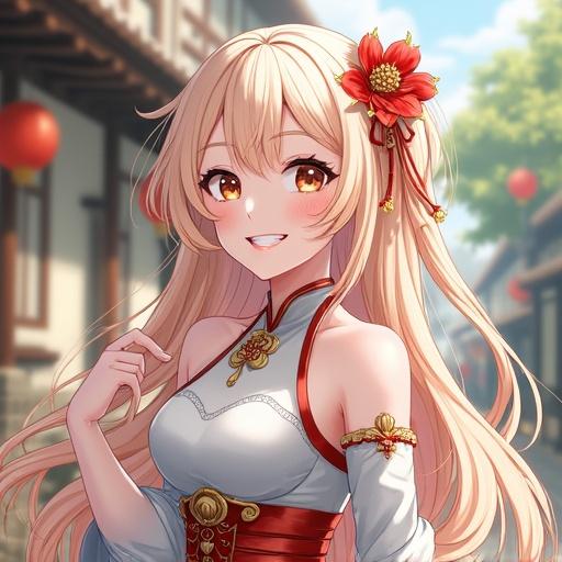 A beautiful anime-inspired character in traditional Asian clothing. Long flowing hair adorned with flowers. The setting comprises traditional architecture with soft lighting. The character stands with an elegant pose. The focus on attire and design emphasizes cultural aesthetics.