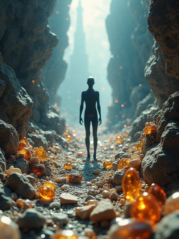 Photorealistic depiction of a dreamlike state with abstract figure. Surreal landscape with small objects like gears, polished stones, and crystalline structures. Dramatic shadows and bright light create intensity. Dolly zoom effect enhances depth perception. Ultra-detailed image capturing textures.