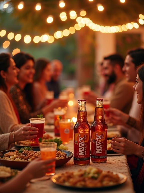 A warm joyful family dinner during Eid-ul-Adha outdoors. Everyone smiling and holding MAXX COLA. Festive lights in the background. Richly dressed in cultural attire. Biryani and kebabs on the table. MAXX COLA bottles in the center. Bright warm lighting with soft shadows.