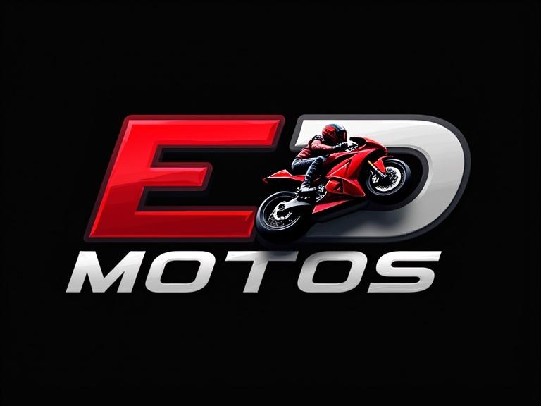 Logo design for a motorcycle brand. Brand name is ED MOTOS. The logo features a modern and sporty style with a 3D effect. Typography includes bold, italic letters. Dominant colors are red, white, and black. Central graphic is a motorcyclist in action. Background is black.