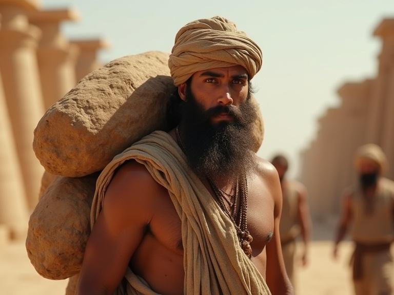 A bearded man wears a turban and biblical attire while carrying heavy stones on his back in an ancient Egyptian setting.