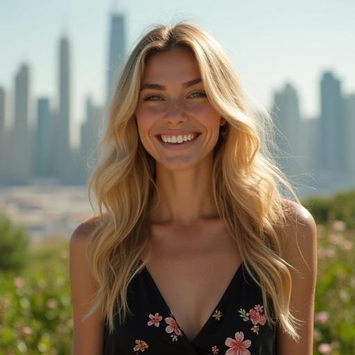 A realistic cinematic film still featuring a cheerful woman with long blonde hair. She wears a black dress with pink flowers. Background shows Dubai skyline. Image is bright and well-composed. The woman smiles softly in focus with a blurred cityscape behind her.
