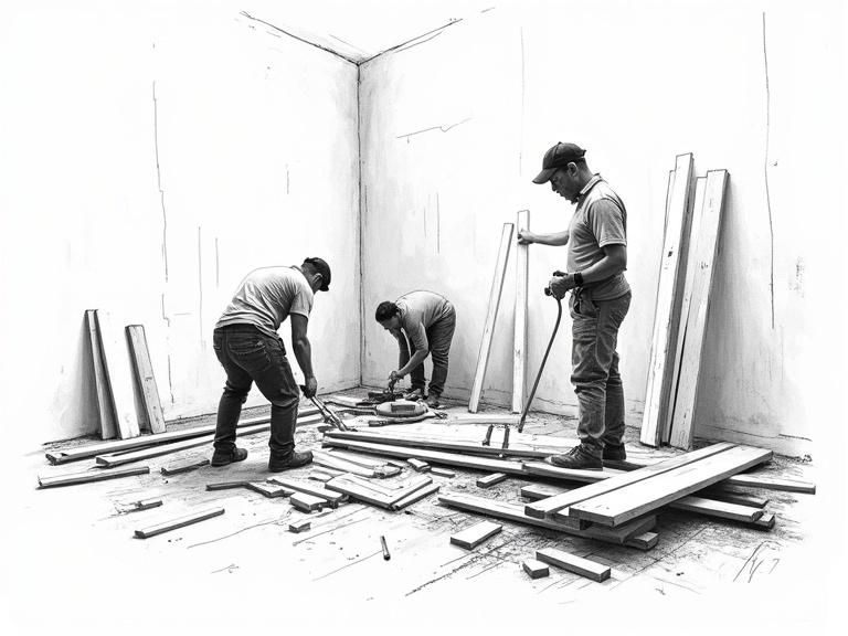 Scribble sketch of carpenters working with wood in an interior design factory. Long shot of a white background with black inking.
