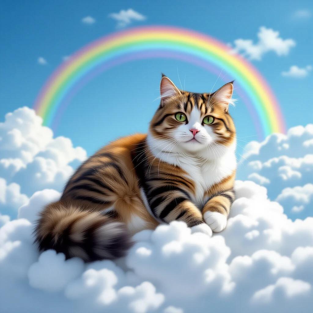A fat cat lying on a fluffy cloud with a vibrant rainbow in the background. The scene is bright and whimsical, evoking a sense of happiness and tranquility.