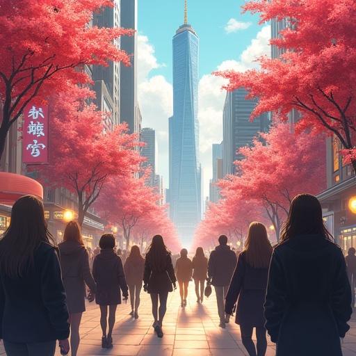 Anime scene set in 2037 during summer showcasing a modern luxurious business district. Morning light enhances a vibrant atmosphere. Cherry blossom trees frame the scene. Crowded street filled with well-dressed individuals. Features a striking skyscraper, highlighting a bustling urban environment.