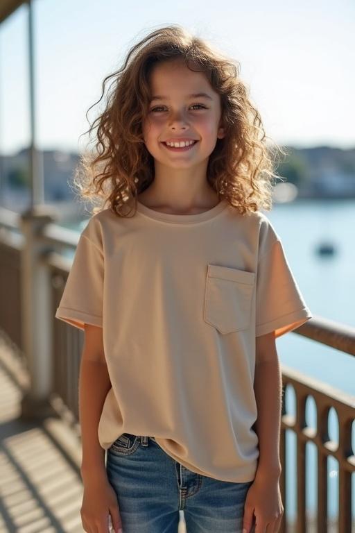 A young girl of approximately 8-10 years stands on a balcony. She wears a natural-colored oversized T-shirt and blue jeans. Sneakers fit her casual look. Her curly brown hair is tousled. The look on her face conveys a sense of joy. Behind her, a peaceful harbor scene under a bright sun creates an idyllic backdrop.