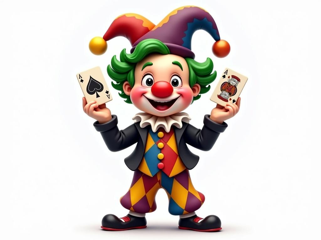 The image features a colorful cartoon clown character. The clown has green hair styled in curls and a round face with a big smile, rosy cheeks, and a classic red nose. Dressed in a vibrant jester outfit with a diamond-patterned vest in red, blue, and yellow hues, the clown holds up two playing cards, both showing an Ace of Spades. The outfit includes a ruffled collar and a black jacket with colored buttons, along with matching loose trousers. The clown wears black shoes, and a whimsical hat with colorful jester points, creating a playful appearance. The backdrop is plain white, enhancing the clown's vivid colors and cheerful expression.