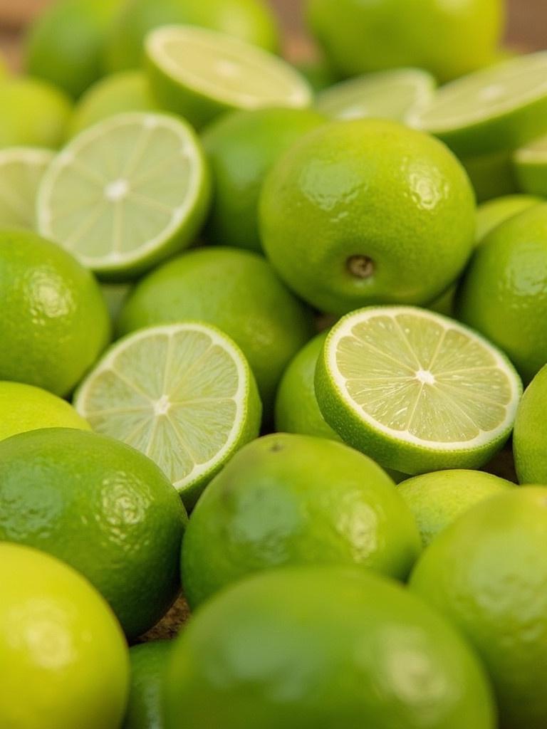 Limes displayed in a lush arrangement with whole limes and several lime slices. Bright and fresh appearance. Vibrant green color dominates the scene.