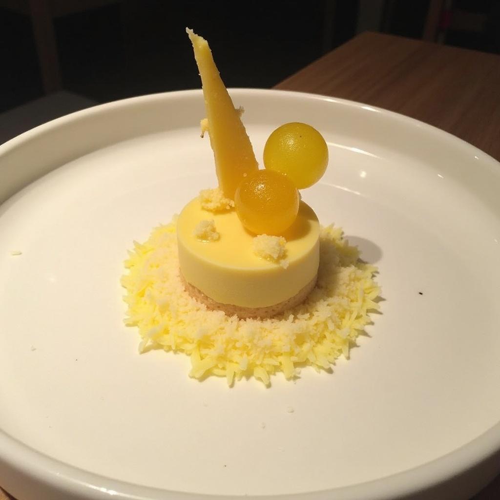 A sophisticated dessert featuring semifreddo made with a coconut sponge, accompanied by sweetcorn puree, coconut ice cream, and lychee tuile, garnished with multispherified pineapple. The presentation is elegant and artistic.