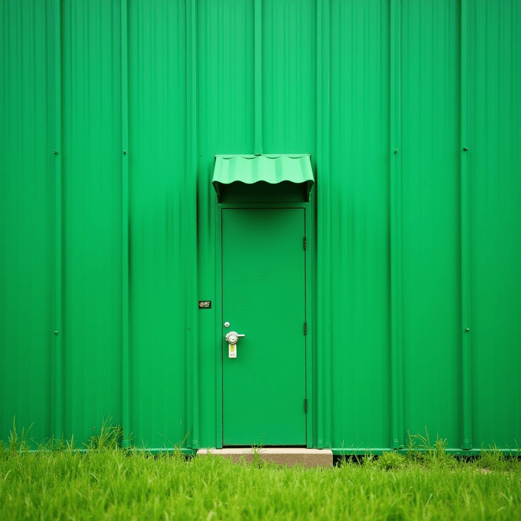 A green metal building facade with a matching green door and awning, set against a grassy foreground.