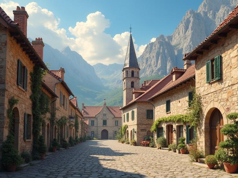 Visual representation of a picturesque, historic European old town with stone architecture and mountainous background.